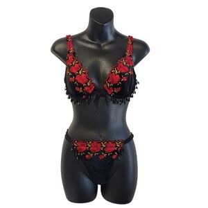 Vintage Victoria's Secret Women's Velvet Embroidered Rose Lingerie Set Black Red